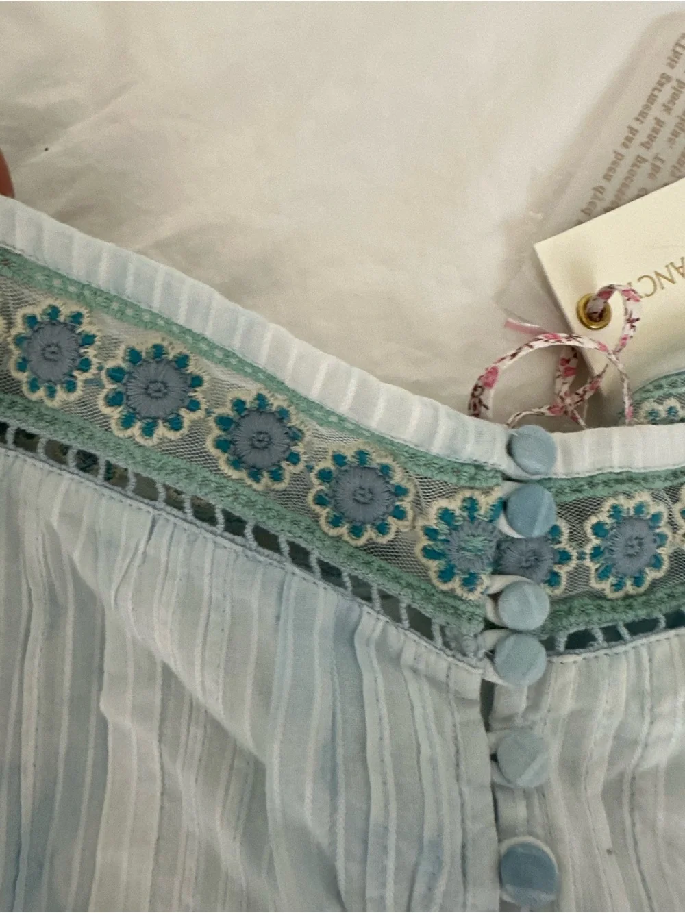 LoveShackFancy Light Blue Embroidered Puff-Sleeve Crop Top